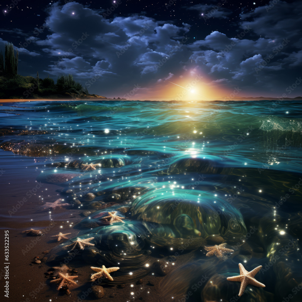 Moonlight reflection on the ocean, sparkling waves