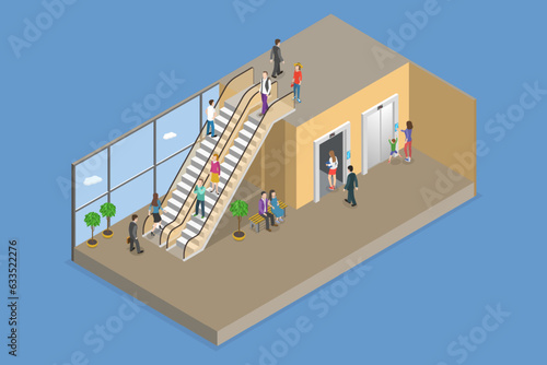 3D Isometric Flat Vector Conceptual Illustration of Escalator And Elevator, Carrying People Between Floors of a Building