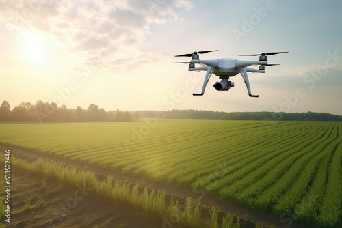 Agricultural drone flying over a lush green field