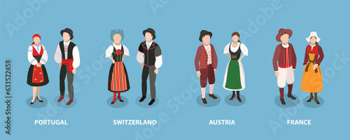 3D Isometric Flat Vector Conceptual Illustration of Europeans National Clothes, Traditional Costumes