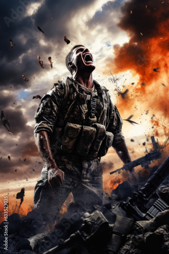 Modern soldier, in tattered camouflage uniform, screaming in agony at the sky