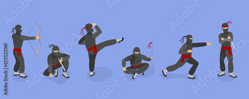 3D Isometric Flat Vector Set of Ninja Warriors, Fighting Poses