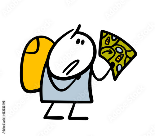 Confused male tourist on a hike with a large backpack holds a map of the area and does not know where to go. Vector illustration of a guy going camping.