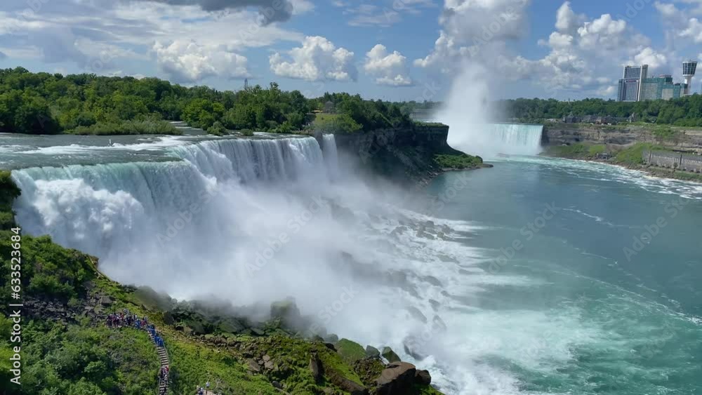 A rainbow forms in front of the American Falls and Bridal Veil Falls from Ontario and panning left toward the rainbow bridge. A rainbow forms in front of the American Falls and Bridal Veil Falls from Ontario and panning left toward the rainbow bridge.