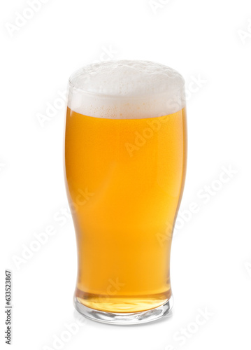 Glass of light beer with foam isolated on white background