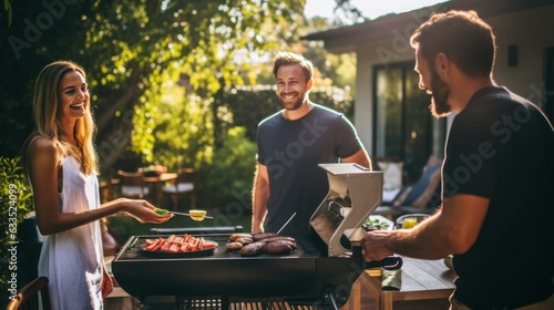Young family is grilling at the barbecue
