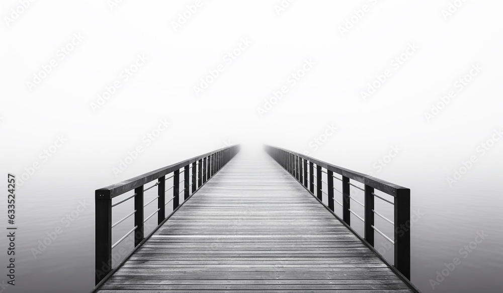 Wooden bridge in the fog over the sea. AI generated - obrazy, fototapety, plakaty 