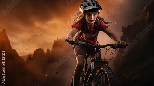 Girl riding bike in mountains