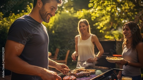 Young family is grilling at the barbecue