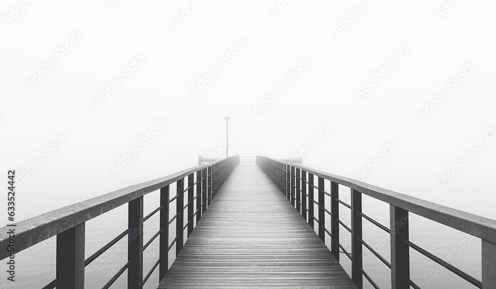 Wooden bridge in the fog over the sea. AI generated