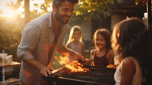 Young family is grilling at the barbecue