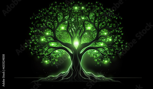Fantasy background with luminous green tree. AI generated