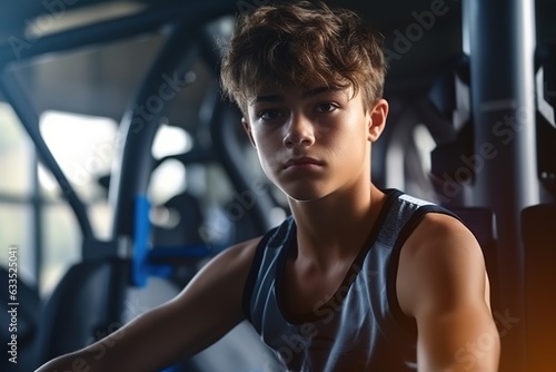 Teenage boy in sportswear posing at gym.