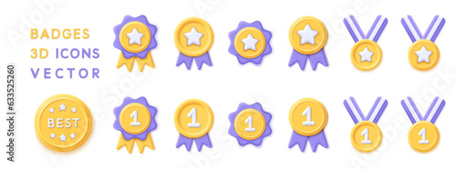 3d set yellow medals with star and ribbon icons. Render gold medal for premium quality certificate, best customer, winner, first place and e-commerce. 3d rendering plastic badge cartoon illustration