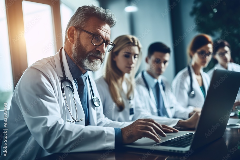 Group of healthcare workers using laptop while having a meeting in the office.