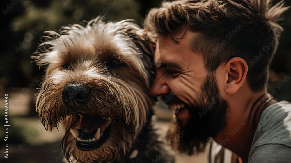 Laughing man with his best friend a dog together. Lovely pet. Love and friendship. Laughing man with his best friend a dog together. Lovely pet. Love and friendship.