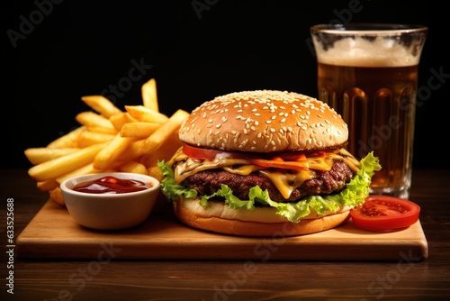 Delicious hamburger with cola and potato fries on wooden table on black background. Fast food concept.