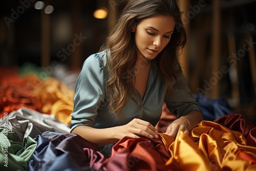 Fashion designer selecting fabrics - stock photography