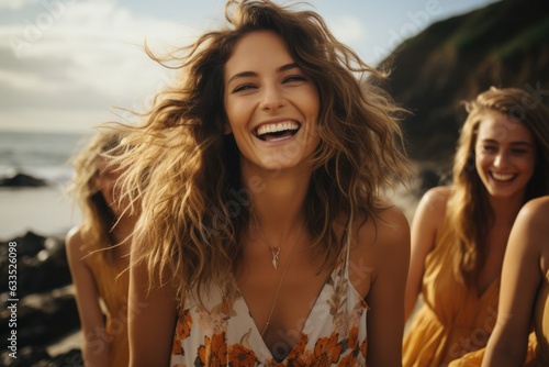 Friends laughing and having fun at the beach - stock photography