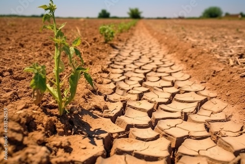 Dryness destroying the cultivated plants. The plants are dried up in the rows on the dry, crusty soil in hot summer.