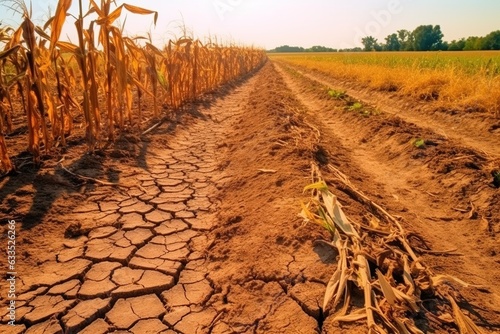 Dryness destroying the cultivated plants. The plants are dried up in the rows on the dry, crusty soil in hot summer.
