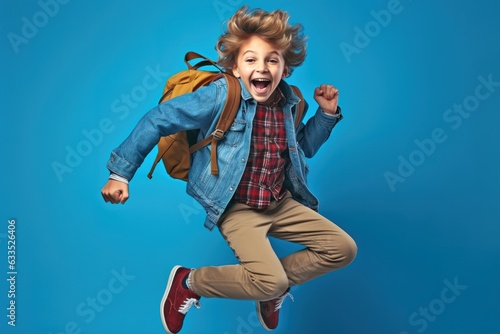 Cheerful smiling little boy with big backpack jumping and having fun against blue background. Back to School concept.