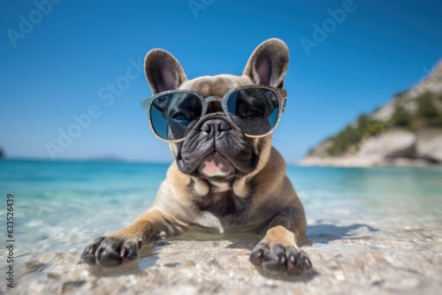 Dog with sunglasses on the beach