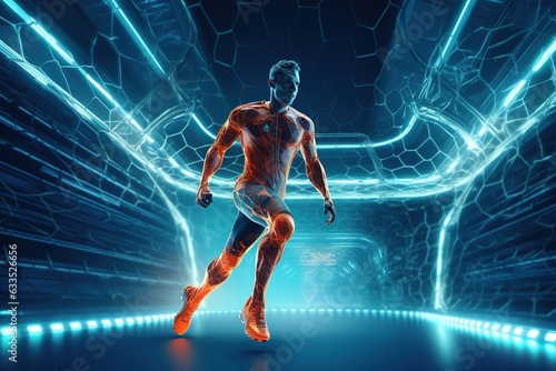 Futuristic hologram Football player in action at stadium during football match. Concept of sport and competition.