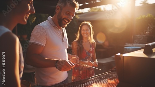 Young family is grilling at the barbecue