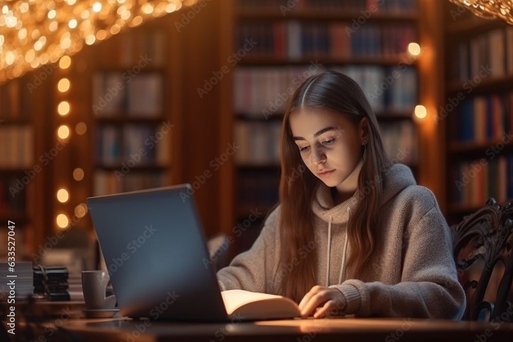 Young beautiful female student using laptop while learning in college library. Young beautiful female student using laptop while learning in college library.