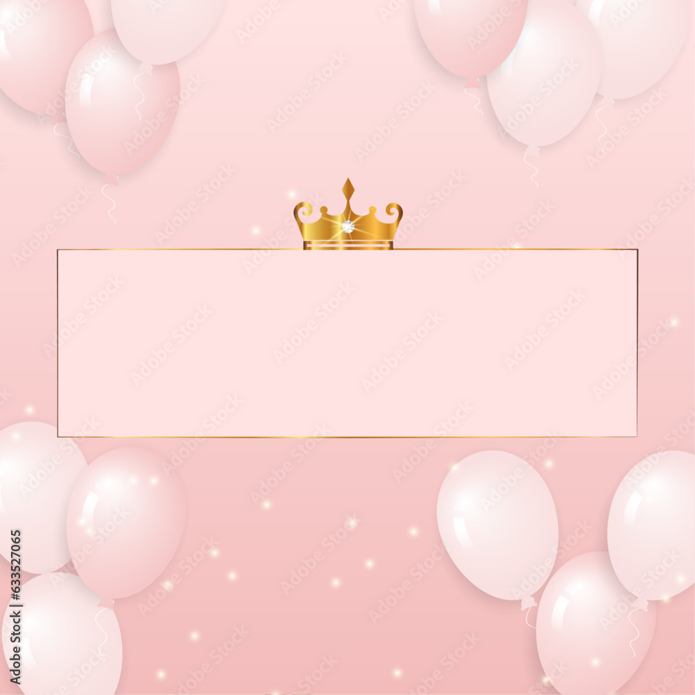 Shine gold crown pink background with balloons with golden frame in ...