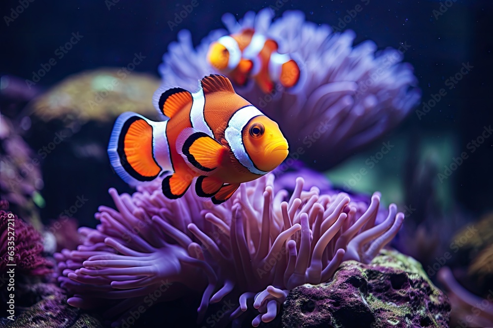 clown fish swimming with anemone in an aquarium Generative AI clown fish swimming with anemone in an aquarium Generative AI