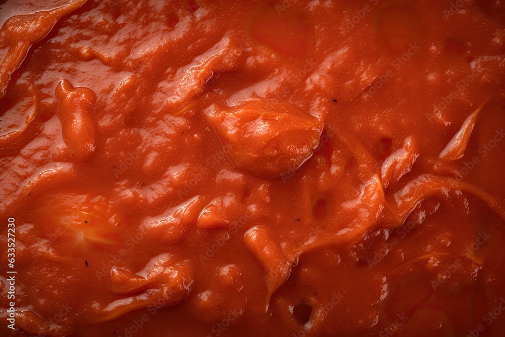 A close-up of a thick and glossy red sauce with small chunks. A close-up of a thick and glossy red sauce with small chunks.