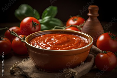 The Tomato Sauce: A Light Brown Bowl of Thick and Smooth Red Sauce on a Wooden Table with Fresh Tomatoes, Basil Leaves and a Clay Jug