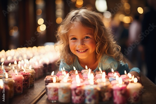 Child blowing out candles on a birthday cake - stock photography