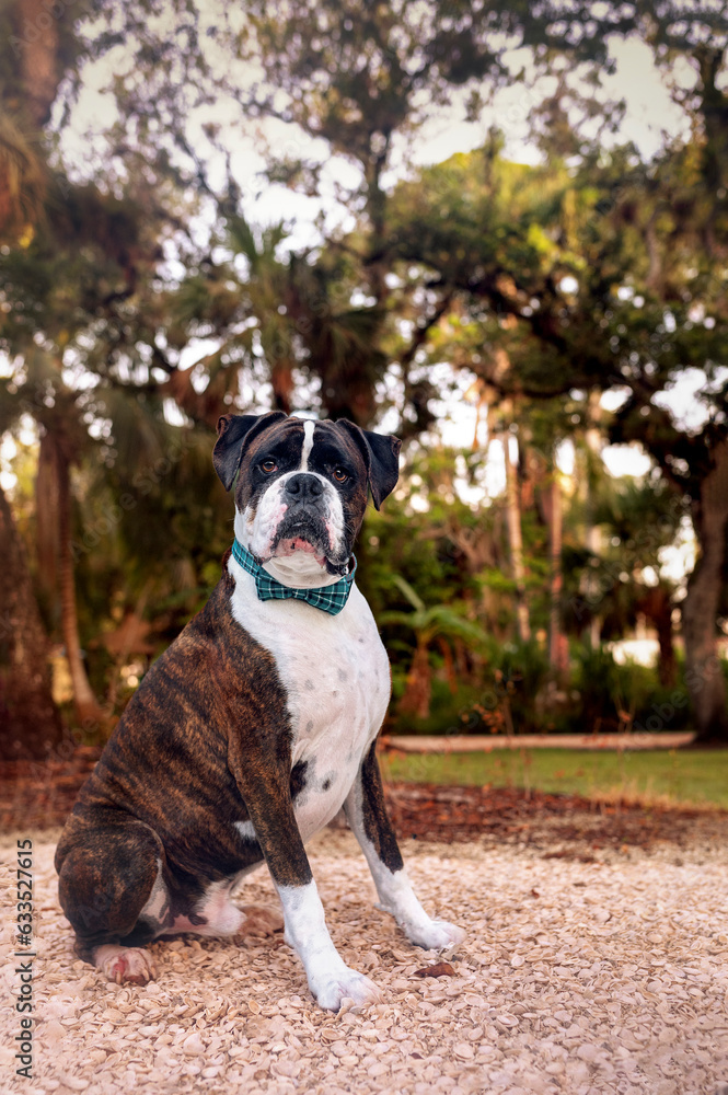 One adult Boxer dog wearing a blue tie posing and looking at the camera at the park in the afternoon during golden hour 
