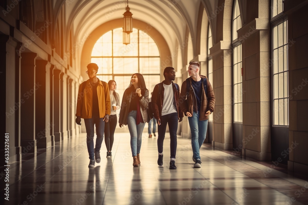 Group of multiracial students walking in university hall during break.
