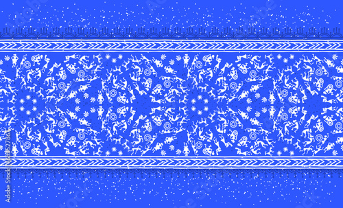 Warli painting seamless pattern - hand drawn traditional the ancient tribal art India. Pictorial language is matched by a rudimentary technique depicting rural life of the inhabitants of India