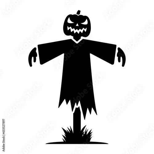 Scarecrow icon. Pumpkin, halloween. Black silhouette. Vertical front view. Vector simple flat graphic illustration. Isolated object on a white background. Isolate.