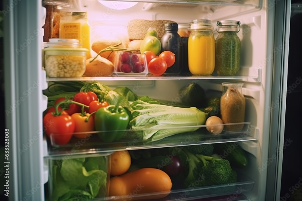 Opened refrigerator full of vegetables and fruits. Opened refrigerator full of vegetables and fruits.