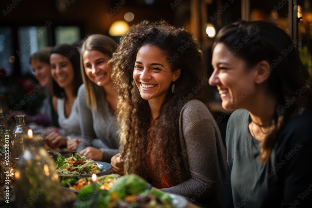 Diverse group of friends enjoying a meal together - stock photography