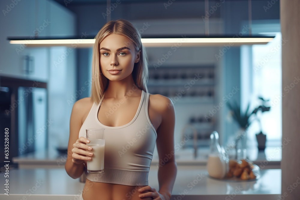 Attractive young woman in sportswear holding glass of milk or yogurt while standing in the kitchen.