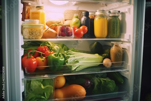 Opened refrigerator full of vegetables and fruits.