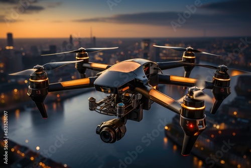 Drone flying over a city - stock photography