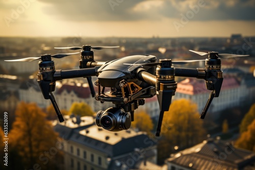 Drone flying over a city - stock photography