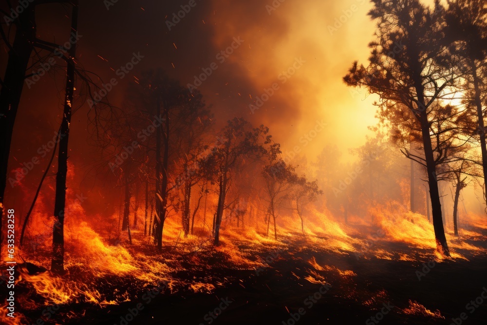 Forest fire and smoke rising from burning trees - stock photography