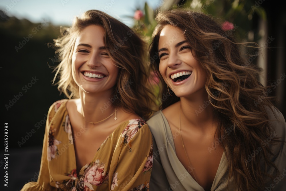 Girlfriends laughing on a city balcony - stock photography