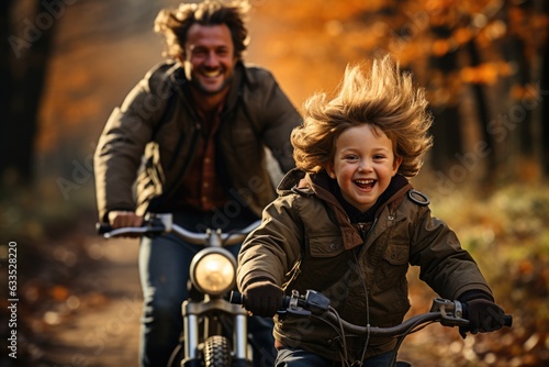 Father and son riding bicycles - stock photography