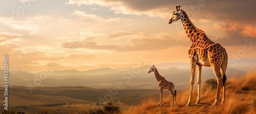 Mother giraffe and six week old baby calf standing together on a hilltop looking out into sunrise in partially cloudy sky.