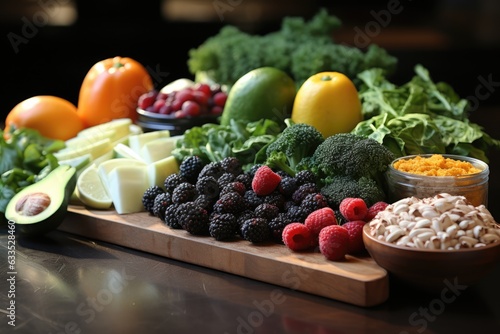 Healthy eating Fresh fruits and vegetables on a table - stock photography